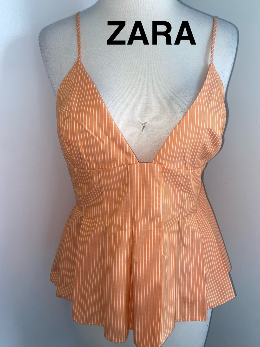 ZARA Orange/White Striped V-Neck Spaghetti Strap Peplum Top - Size M/L - NEW